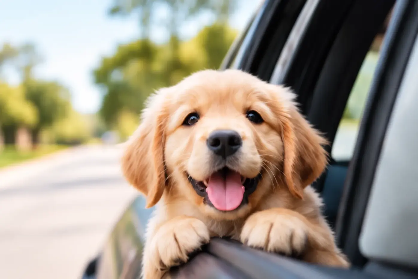 Golden puppy looking out of a car window on the way home