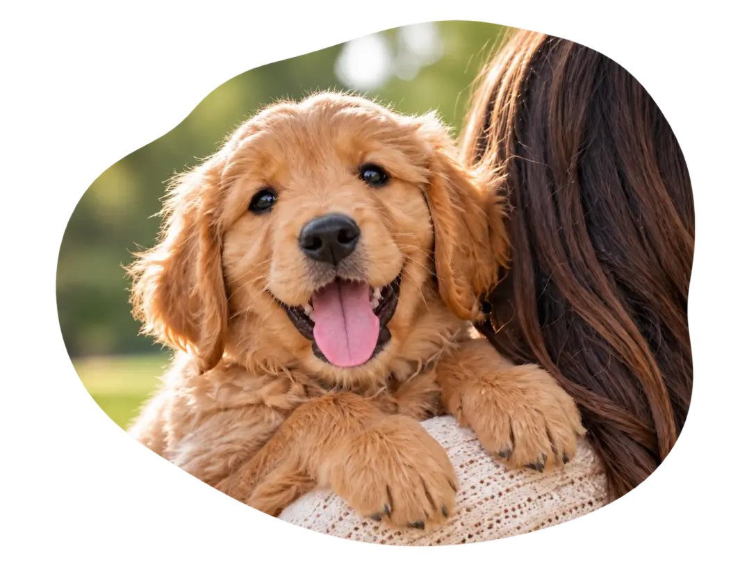 Happy family with a golden puppy
